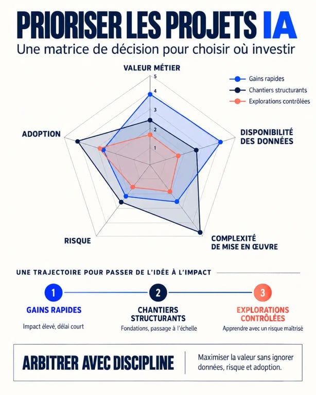 Infographie de priorisation des projets IA avec matrice de décision et portefeuille équilibré