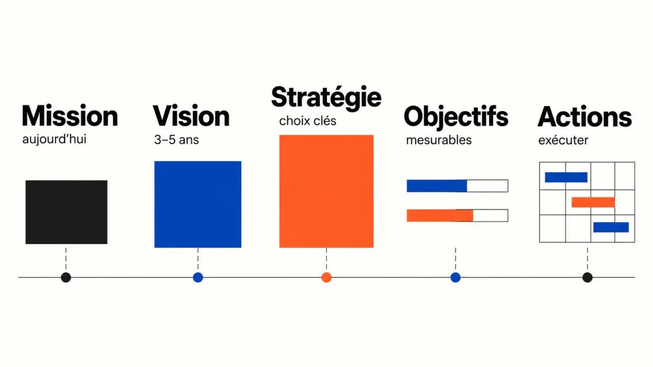 Schéma éditorial de stratégie vision reliant mission, stratégie, objectifs et actions