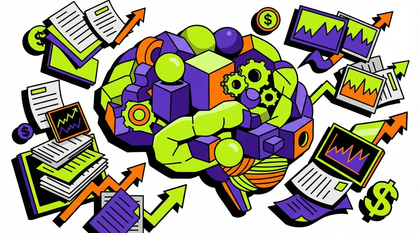 Illustration néo-brutaliste d'un cerveau cybernétique organisant le chaos