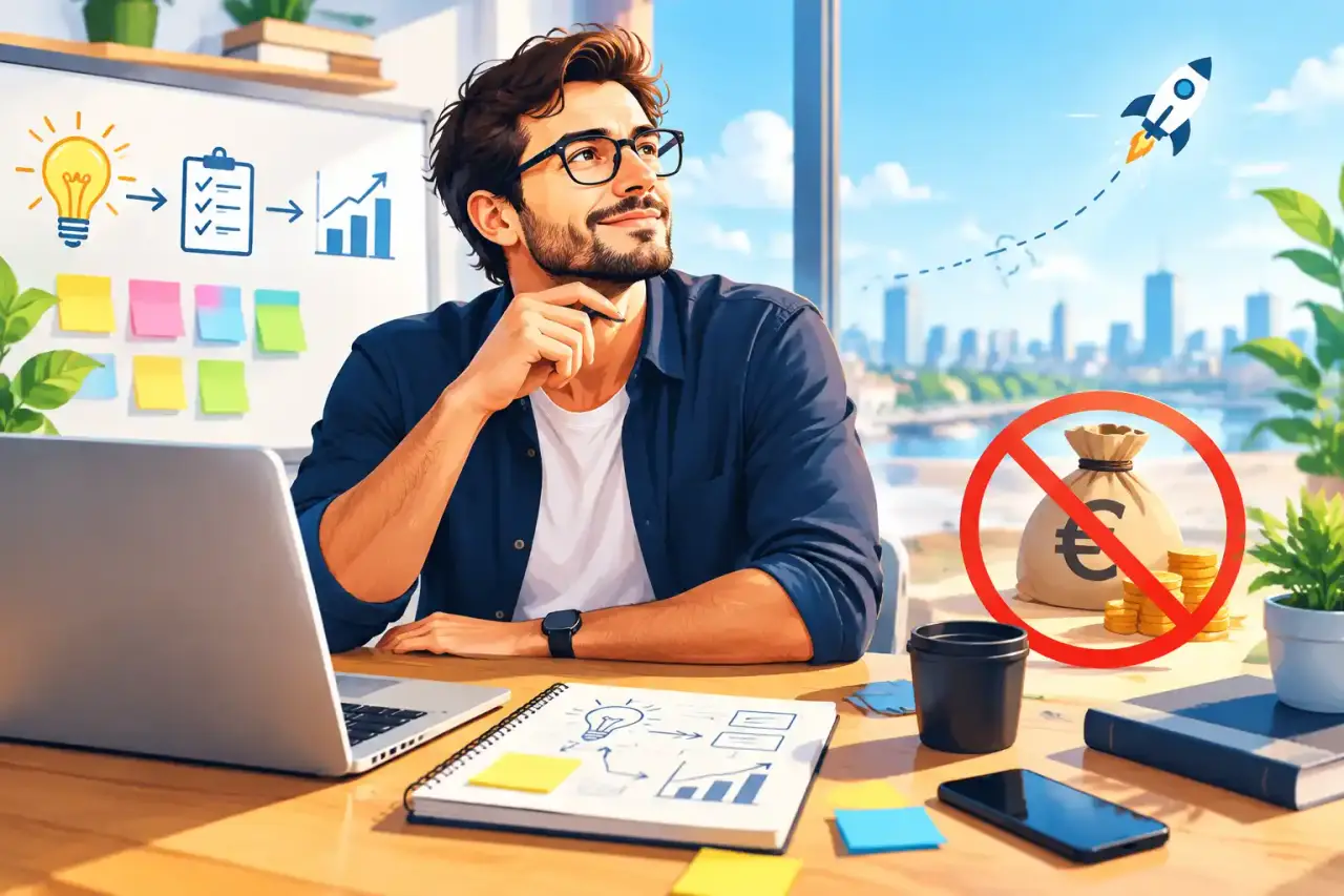 Entrepreneur testant une idée avec des graphiques et un budget limité