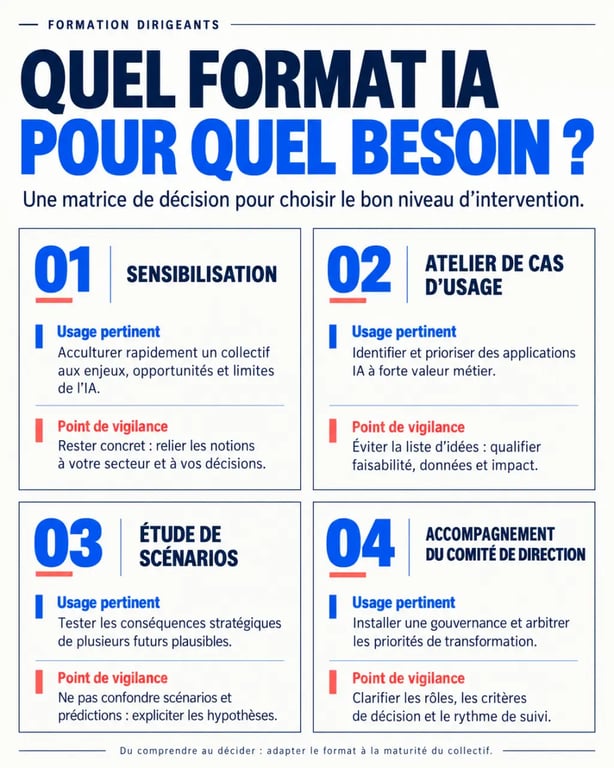 Infographie sur les formats d’une formation dirigeants IA et leurs points de vigilance