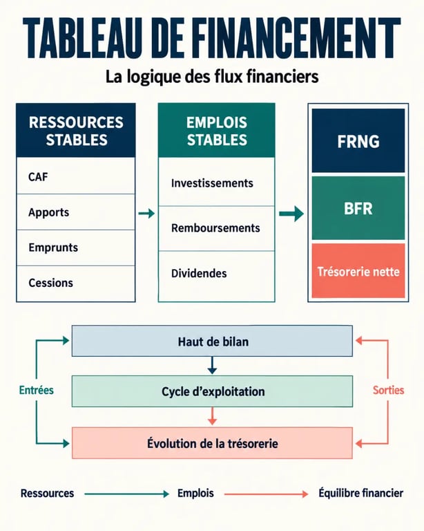 Infographie du tableau de financement reliant ressources stables, emplois stables, FRNG, BFR et trésorerie