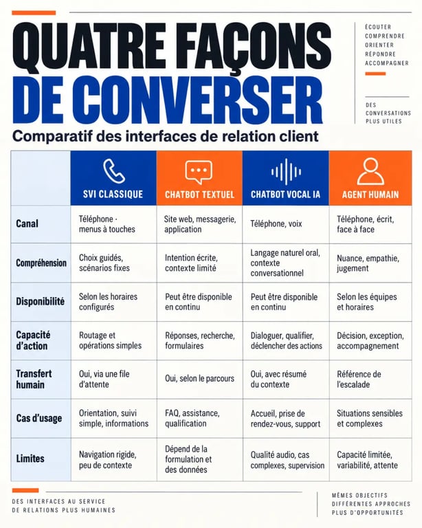 Infographie comparative entre chatbot vocal IA, chatbot textuel, SVI classique et agent humain
