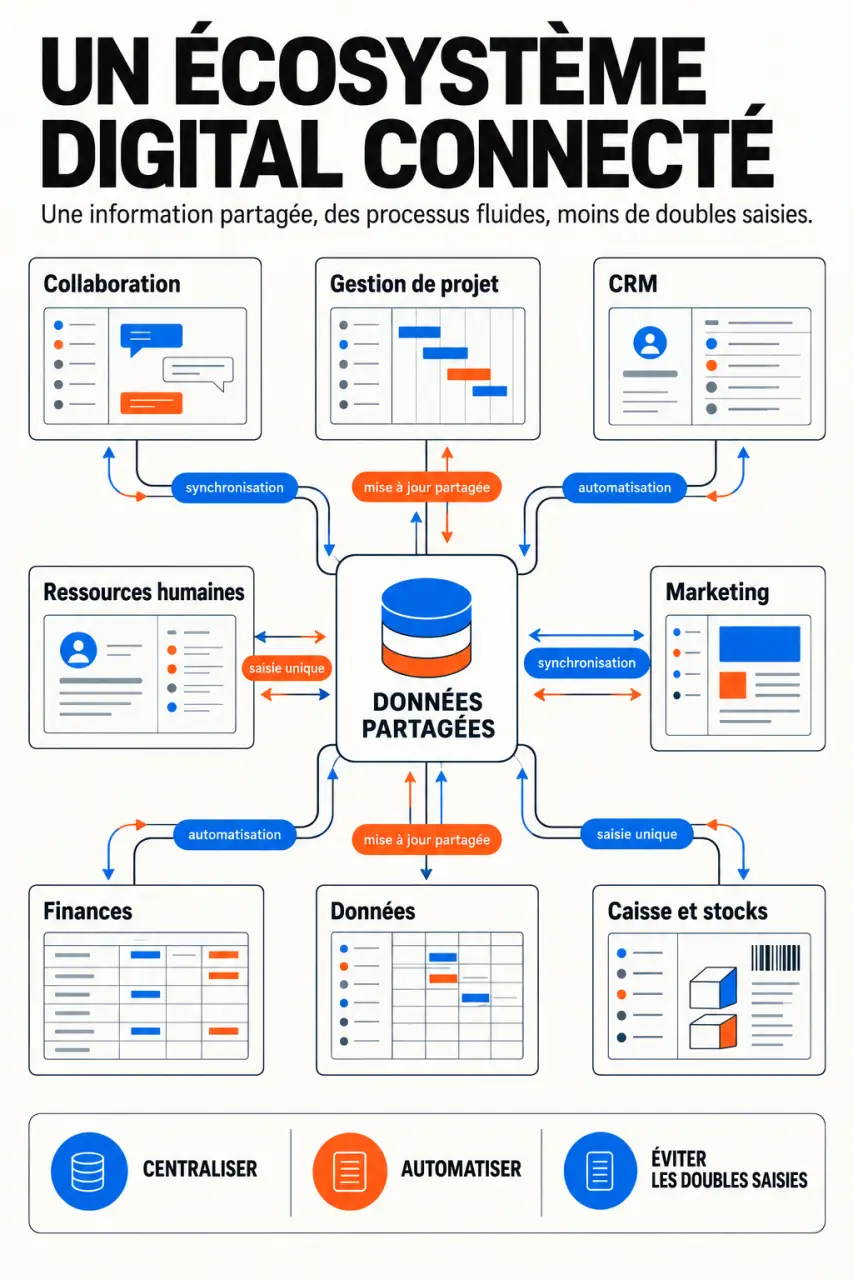 Infographie sur les outils digitaux et la circulation des données entre les fonctions de l’entreprise