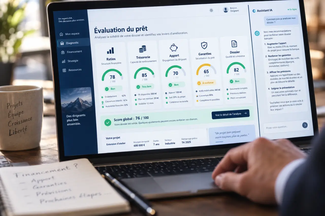 La banque évalue un prêt professionnel sur 5 points : ratios, trésorerie, apport, garanties et dossier