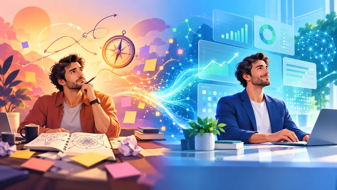 Tableau de bord business comparant intuition entrepreneuriale et pilotage par les données