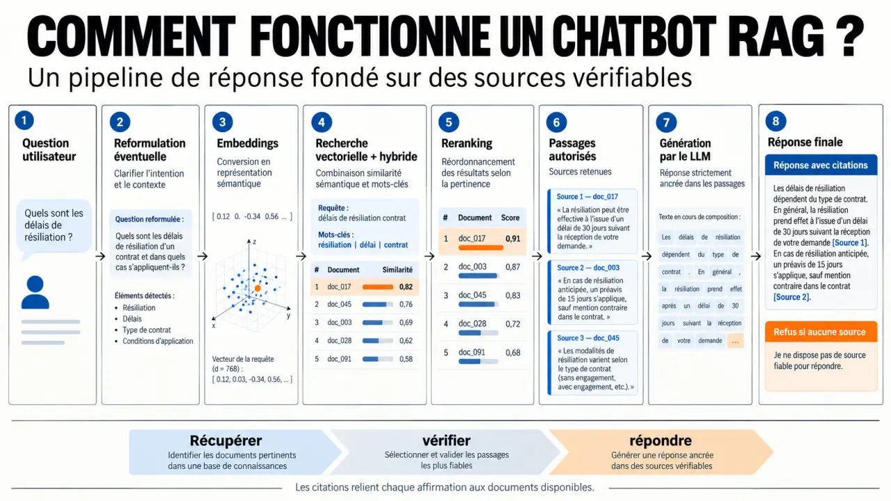 Schéma du fonctionnement d’un chatbot RAG avec recherche documentaire, génération et citations