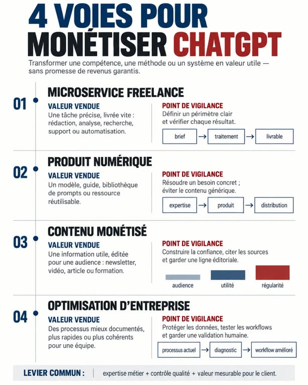 Infographie des méthodes pour gagner de l'argent avec ChatGPT