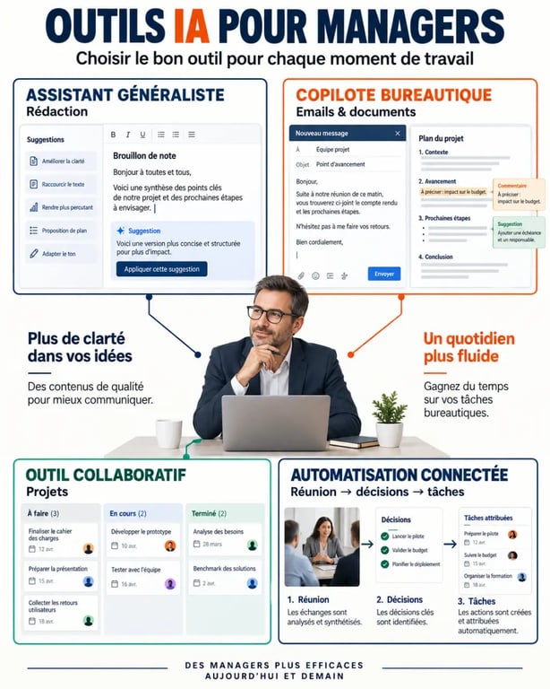 Outils IA de management : familles d'outils et workflow de réunion vers décision